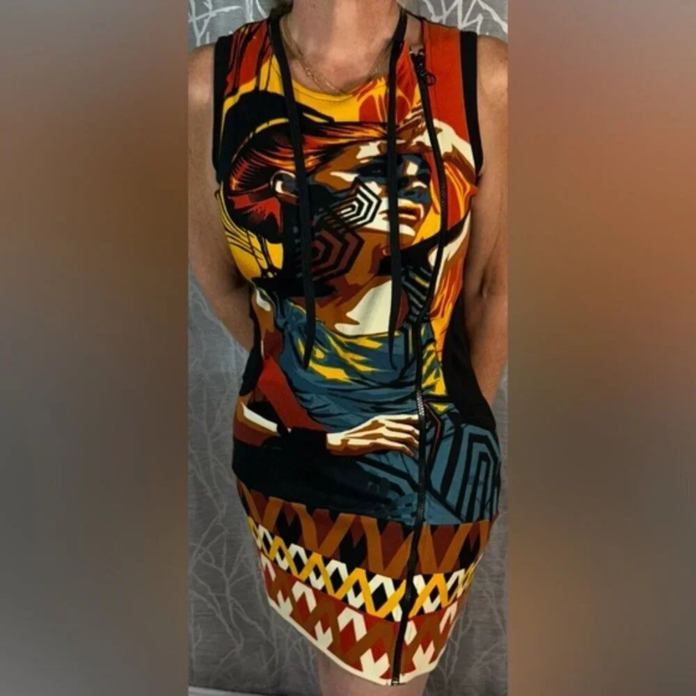 Animated Closet Sleeveless Graphic Bodycon Hoodie Dress Size M – Multicolor Art